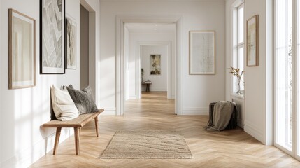 Fototapeta premium Minimal Scandinavian hallway, white walls, oak flooring, natural fiber rug, wall art in neutral tones, soft sunlight 