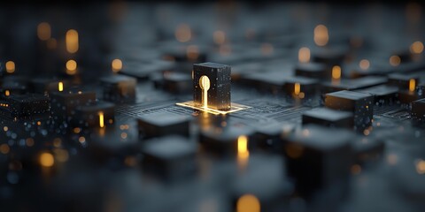 A computer chip is lit up in a black background