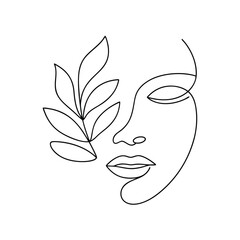 Elegant woman face with leaf line art beauty fashion