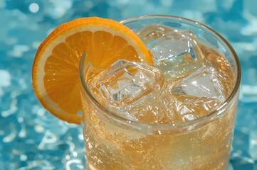 Close-up of a vibrant cocktail garnished with an orange wedge