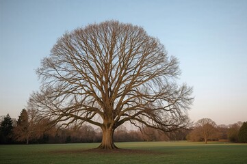 Obraz premium Solitary bare tree standing in a grassy park area.