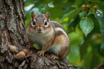 Obraz premium Chipmunk perched on a branch with a lush green backdrop