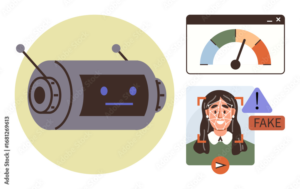 Aufkleber robot scans face with recognition software, highlights fake id and indicates alert through a status 