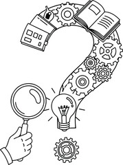 Question: A conceptual line art illustration of a question mark made of gears, books, and a lightbulb, symbolizing creativity, knowledge, and problem-solving.