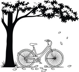Bicycle: A minimalist illustration of a bicycle parked under a tree with falling leaves, symbolizing autumn, nature, and tranquility.