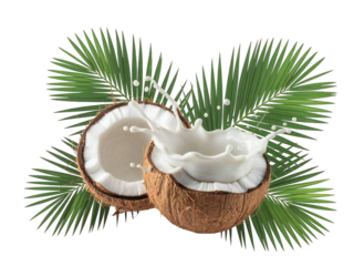Coconut Milk Splash in Halved Coconut Surrounded by Palm Leaves