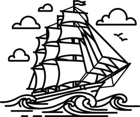 Ship: A simple line art illustration of a majestic sailing ship on a wavy sea with clouds and birds, in a clean, graphic style.