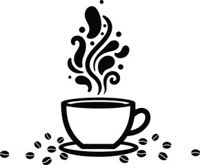 Coffee: A clean, stylized illustration of a coffee cup with swirling steam and scattered coffee beans, in a modern, artistic style.