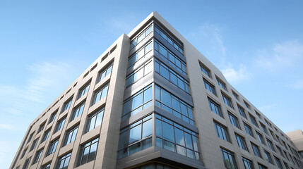 Fototapeta premium Modern office building with glass windows and beige facade under clear blue sky, showcasing urban architecture and clean design