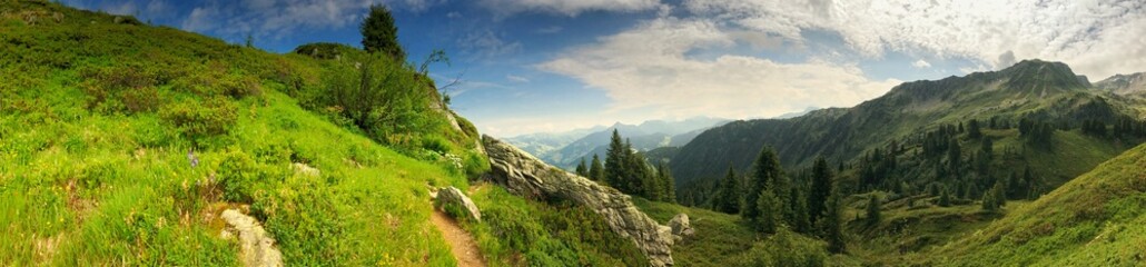 Beautiful panoramic view of lush green mountains and scenic landscape