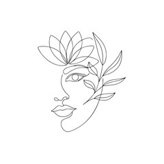 Elegant woman face with lotus flower and leaves line art