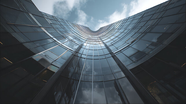 Curved glass building exterior with cloudy sky reflection creates modern and dynamic architectural view