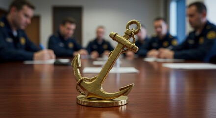Formal meeting around table with anchor