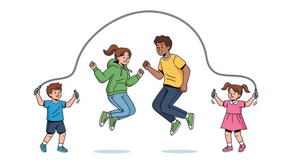 Jumping Fun: Illustration of children playing jump rope, a playful and energetic scene of children engaged in a game of jump rope, fostering a sense of childhood joy and fun.