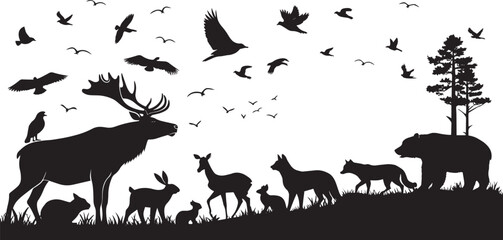 Large Collection of Animal Silhouettes – Birds, Deer, Moose, Rabbits, Bears, Bats, and Wildlife Creatures in Black and White Illustration