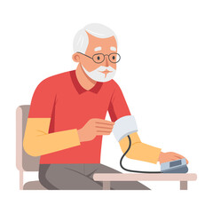 Man sitting in armchair and measuring blood pressure. Senior man with a tonometer. Illustration.