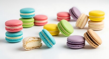 Assorted colorful French macarons with creamy vanilla filling arranged on white background, perfect for bakery ads, packaging, and dessert branding.