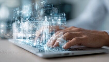 Hands typing on a laptop with holographic projections of people and data