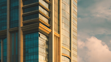 Fototapeta premium Modern glass building facade with golden sunlight reflecting on windows under cloudy sky, creating warm and calm atmosphere