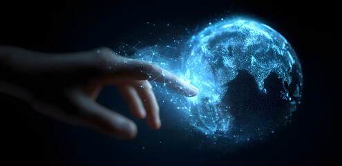 Hand holding touching glowing blue earth hologram ondark black background. Busness and innovative technoogy concept. Modern tech ad metaverse theme. People uturistic worldwide busines networking