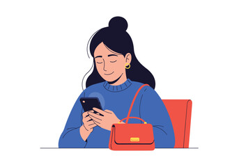 Woman using smartphone with stylish handbag nearby enjoying digital content outdoor