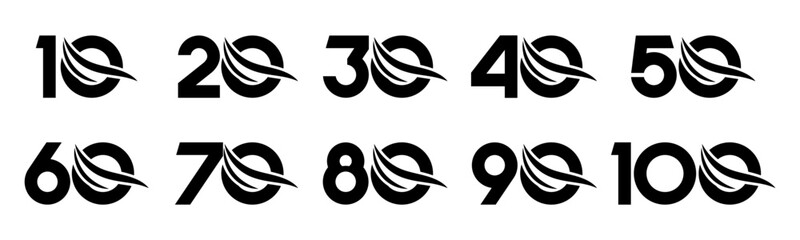 Set of collection numbers 10 to 100 with swoosh element vector illustration. Swoosh element with numbers 10, 20, 30, 40, 50, 60, 70, 80, 90, 100 for greetings, anniversary and more.