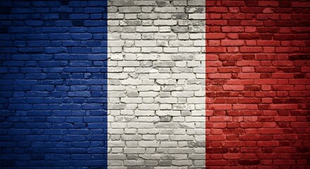 The French Flag painted on a brick wall. The brick wall is old and has the tricolor of France painted on it