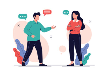 Two people communicating in a friendly discussion with speech bubbles above their heads