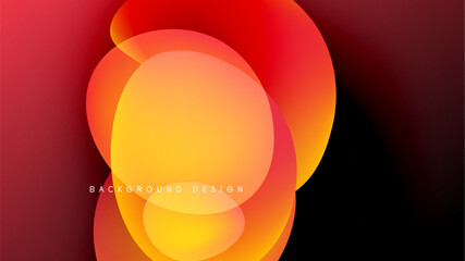 Abstract vibrant shapes overlap. Warm colors dominate, creating dynamic visual effect against dark backdrop. Modern design element.