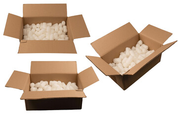 Cardboard box and white filling material in it isolated on a white background.