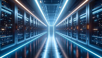 Fototapeta premium futuristic server room or data center, a glowing corridor lined with network racks and blinking lights, representing high-tech computing and artificial intelligence.
