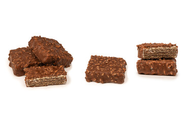 Chocolate coconut wafer bar isolated on white background.