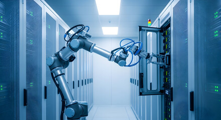 Robotic arm working inside a data center server rack for automation