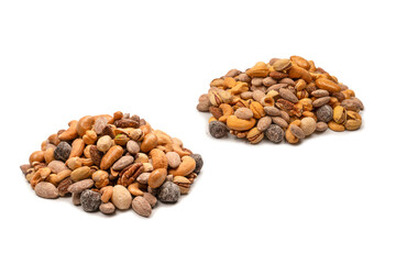 A group of almonds, pistachios, walnuts, macadamia, cashews.