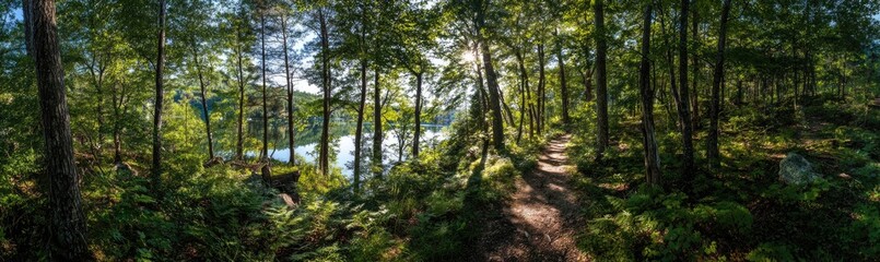 Sunlight filtering through a dense forest, revealing a pathway and a lake vista