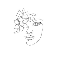 Woman face with flower and leaves line art drawing