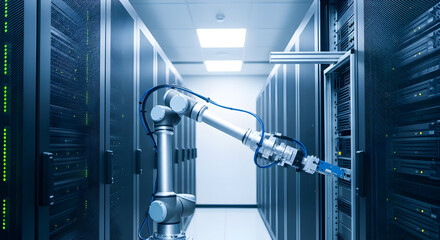 Robotic arm servicing server racks in a modern data center