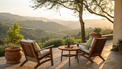 Patio furniture with rolling hills view at sunset chairs
