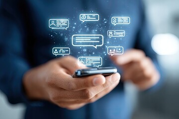 Person holding phone with floating chat messages