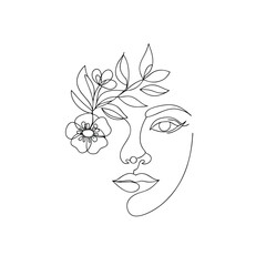 Continuous line drawing woman face with flower and leaves