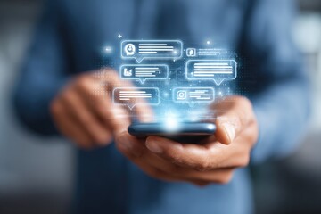 Person interacting with a smartphone displaying floating chat messages