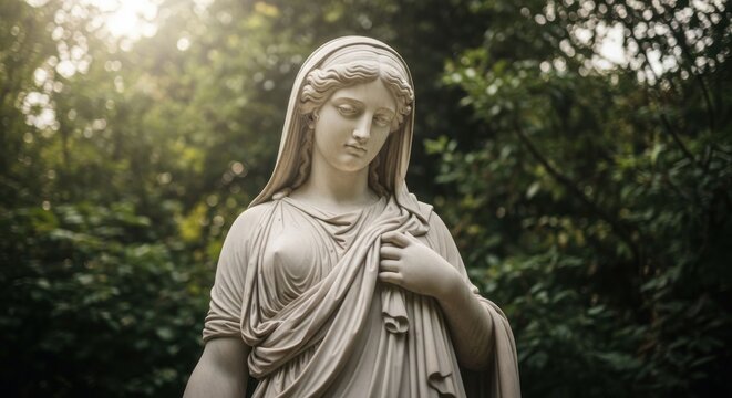 Elegant marble statue of a draped woman, serene expression, outdoor setting