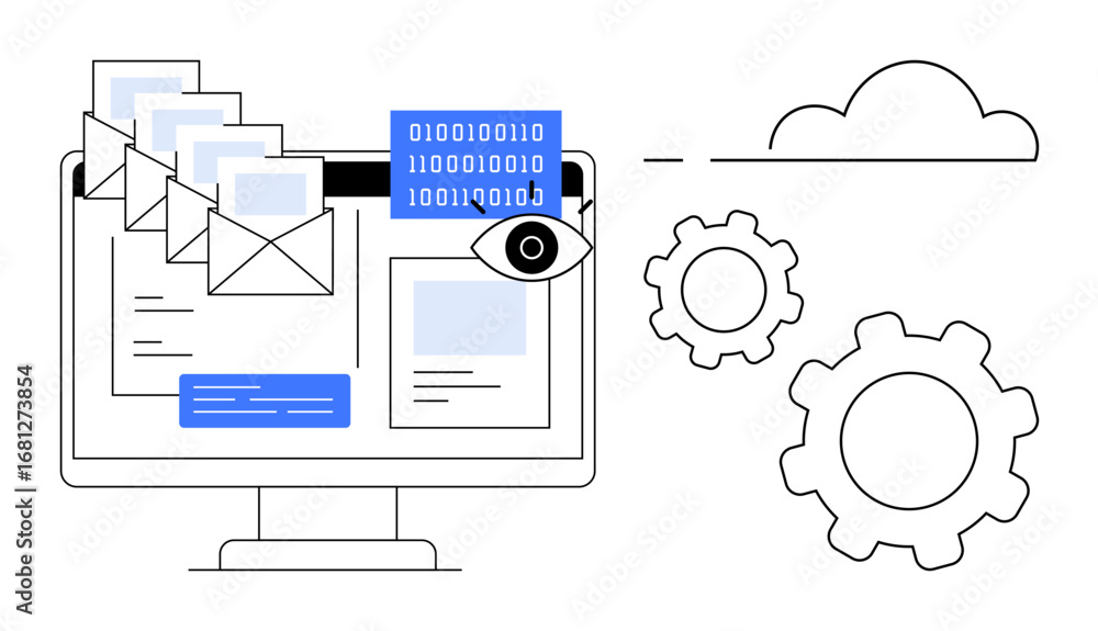 Aufkleber computer screen with emails, binary data, eye icon, cloud, and gears. ideal for technology, data man