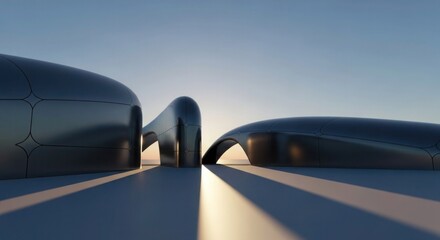 Modern architectural design with futuristic flowing forms and dramatic lighting