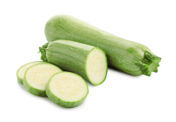 Fresh whole and cut zucchinis isolated on white