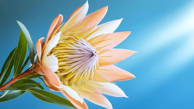 King protea flower blooming on blue background with light rays