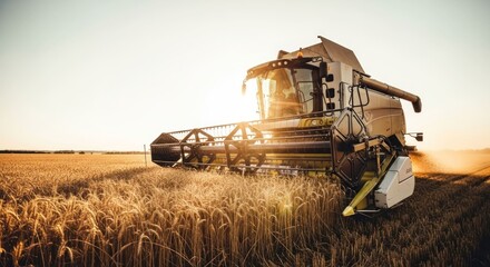 Fototapeta premium Harvester in golden wheat field at sunset