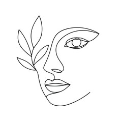 Elegant face with floral accent line art woman