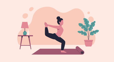A woman practices a balanced yoga pose in a serene home setting, promoting wellness, relaxation, and a healthy lifestyle. Ideal for health and fitness content.