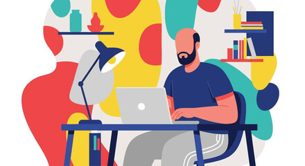 Man working on laptop at home office desk, surrounded by colorful abstract decor. Represents remote work, productivity, and modern digital lifestyle.